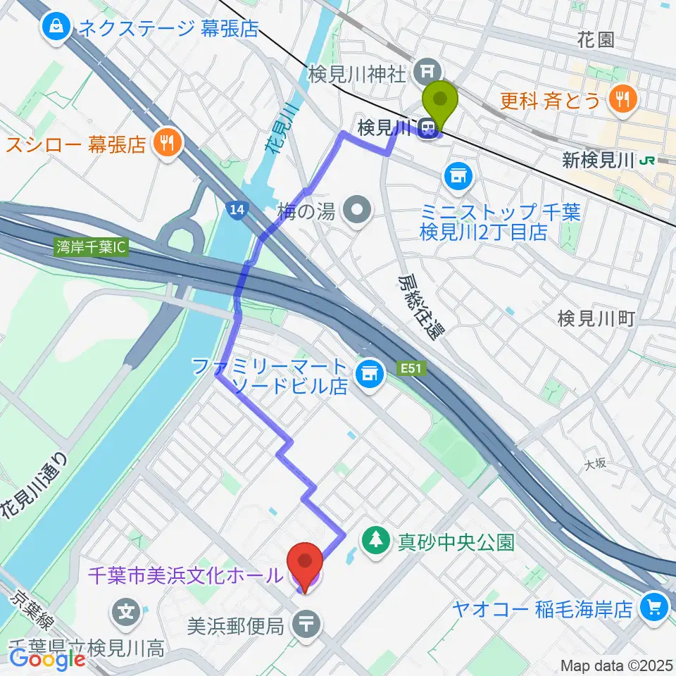 検見川駅から千葉市美浜文化ホールへのルートマップ地図