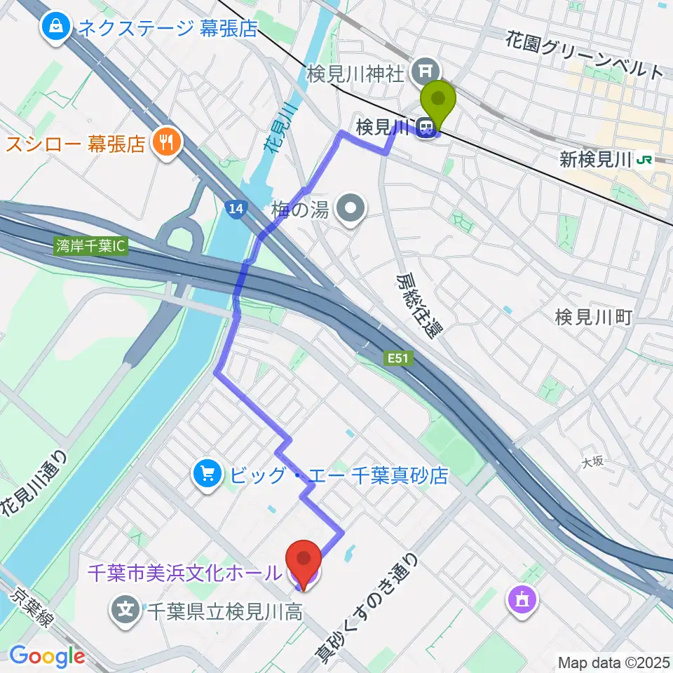 検見川駅から千葉市美浜文化ホールへのルートマップ地図