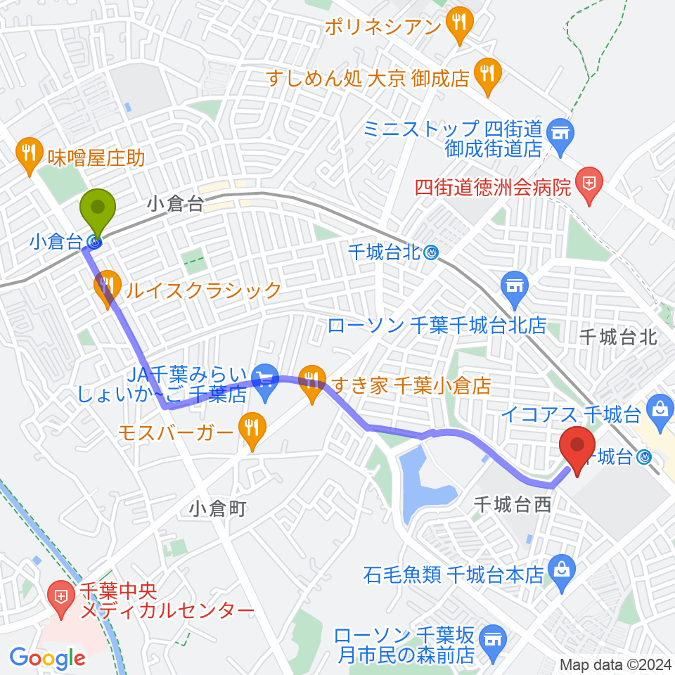 小倉台駅から千葉市若葉文化ホールへのルートマップ地図