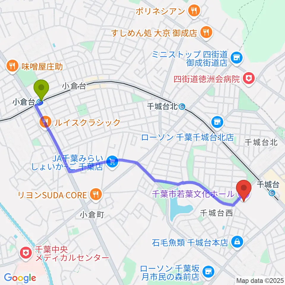 小倉台駅から千葉市若葉文化ホールへのルートマップ地図