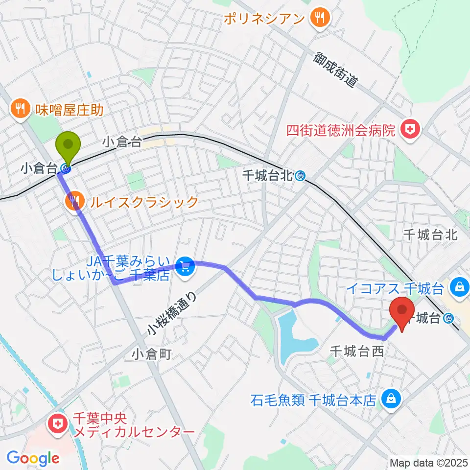 小倉台駅から千葉市若葉文化ホールへのルートマップ地図