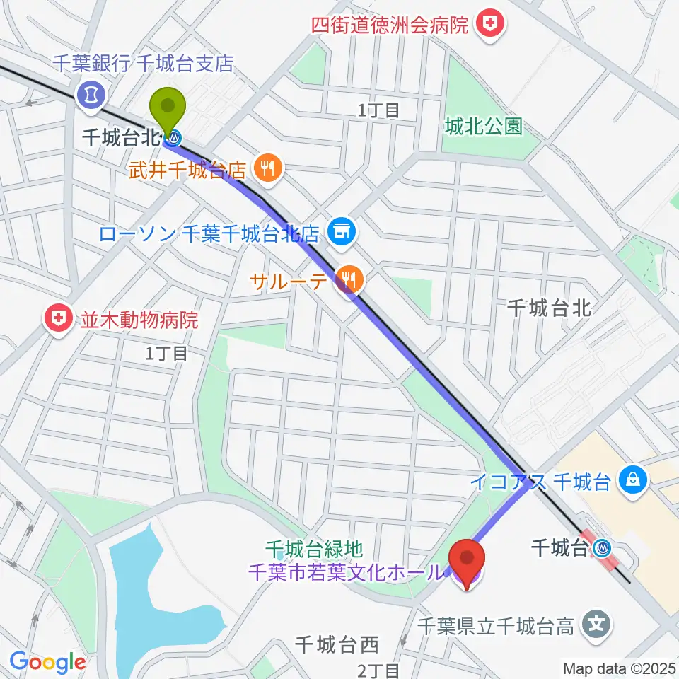 千城台北駅から千葉市若葉文化ホールへのルートマップ地図