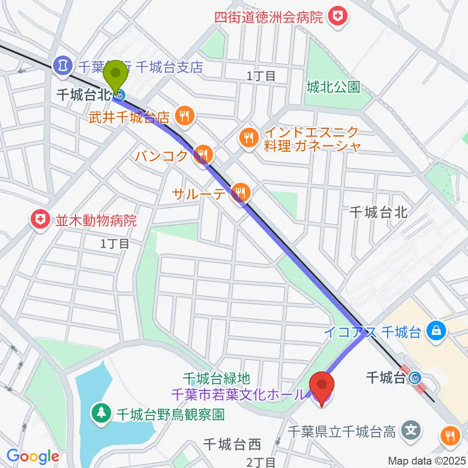 千城台北駅から千葉市若葉文化ホールへのルートマップ地図
