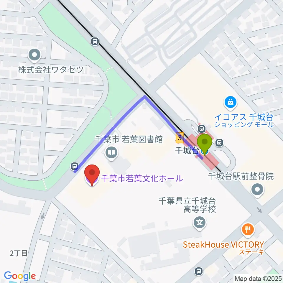 千葉市若葉文化ホールの最寄駅千城台駅からの徒歩ルート（約3分）地図