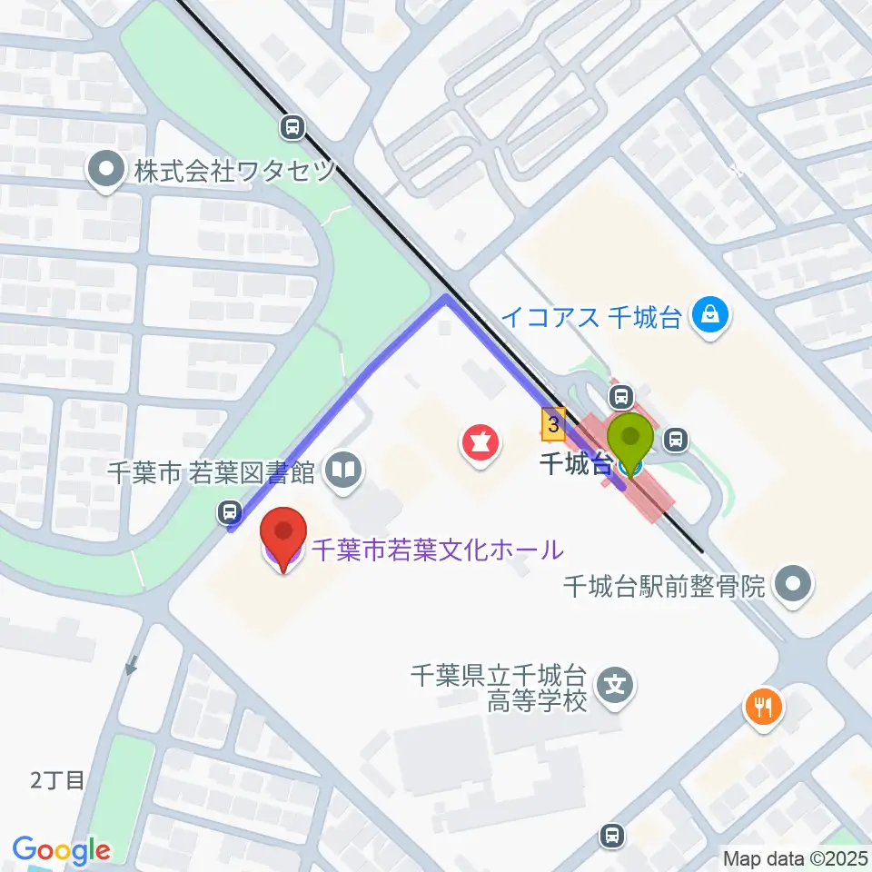 千葉市若葉文化ホールの最寄駅千城台駅からの徒歩ルート（約3分）地図