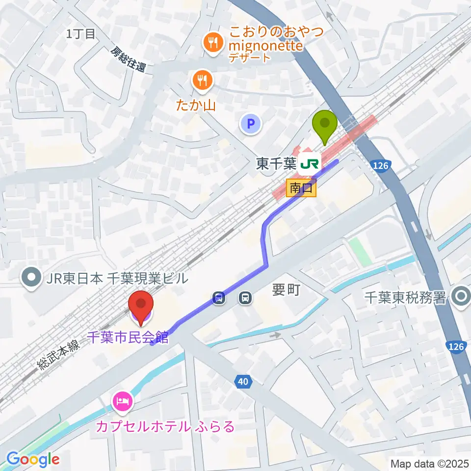 千葉市民会館の最寄駅東千葉駅からの徒歩ルート（約4分）地図