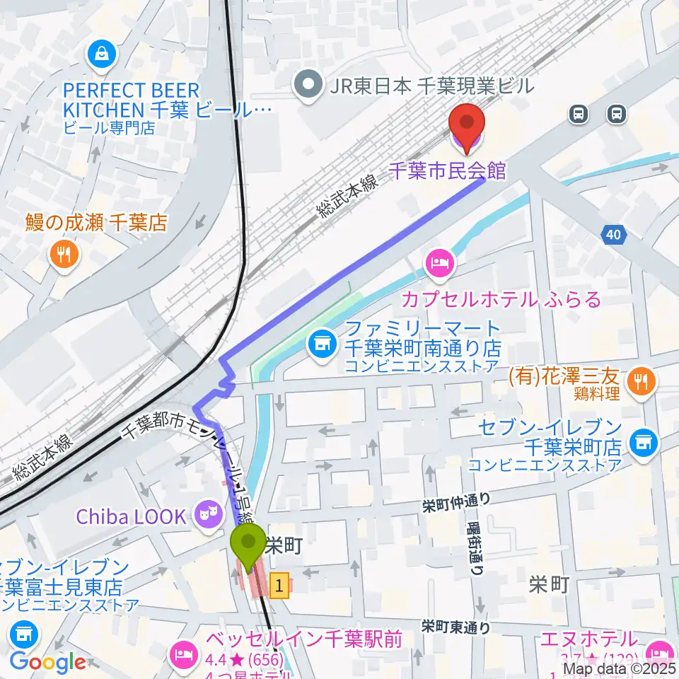 栄町駅から千葉市民会館へのルートマップ地図