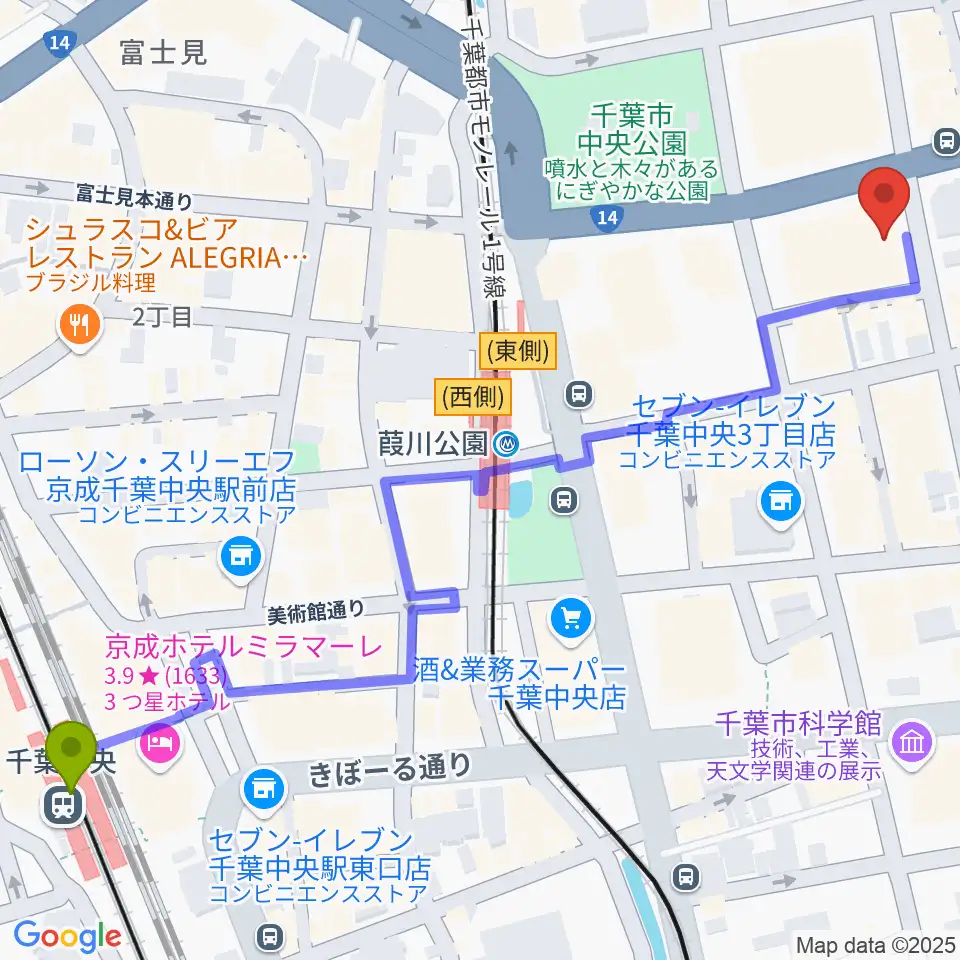 千葉中央駅から千葉市文化センターへのルートマップ地図