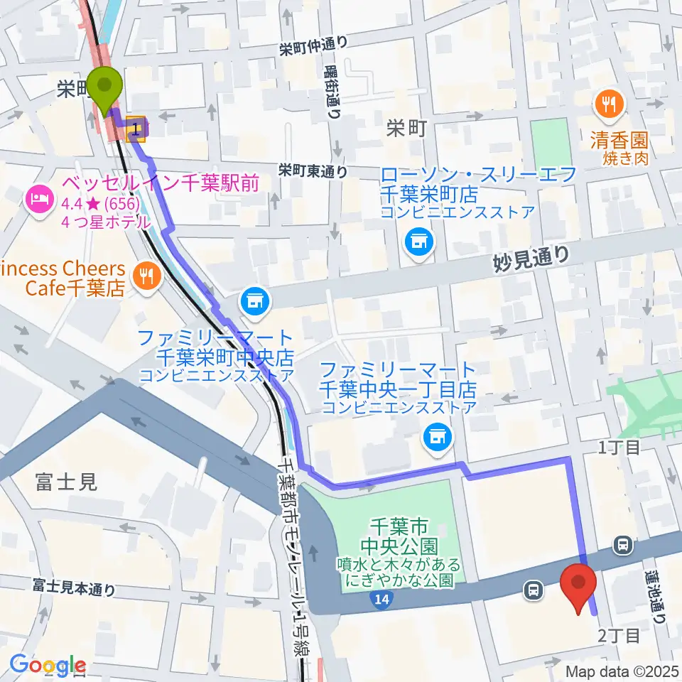 栄町駅から千葉市文化センターへのルートマップ地図