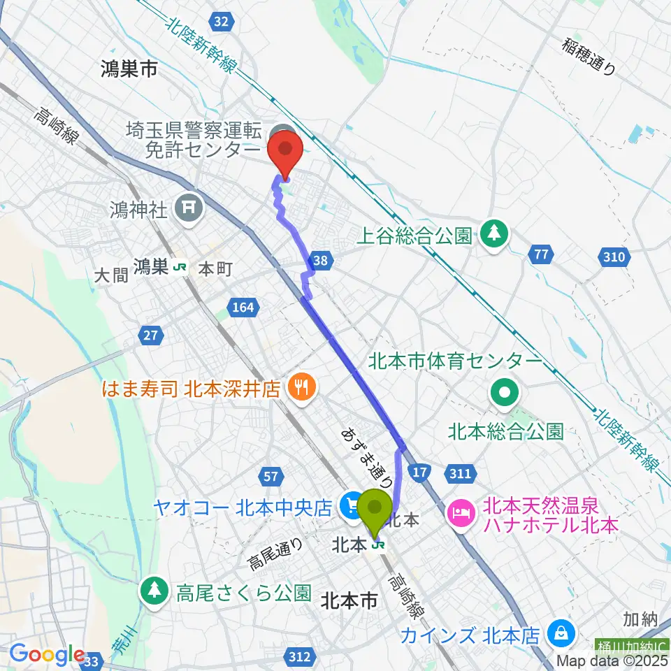 北本駅から鴻巣市文化センター クレアこうのすへのルートマップ地図