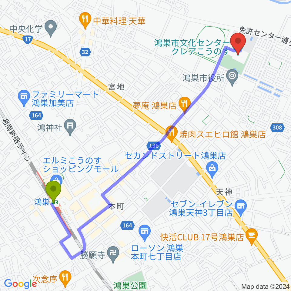 鴻巣市文化センター クレアこうのすの最寄駅鴻巣駅からの徒歩ルート（約25分）地図