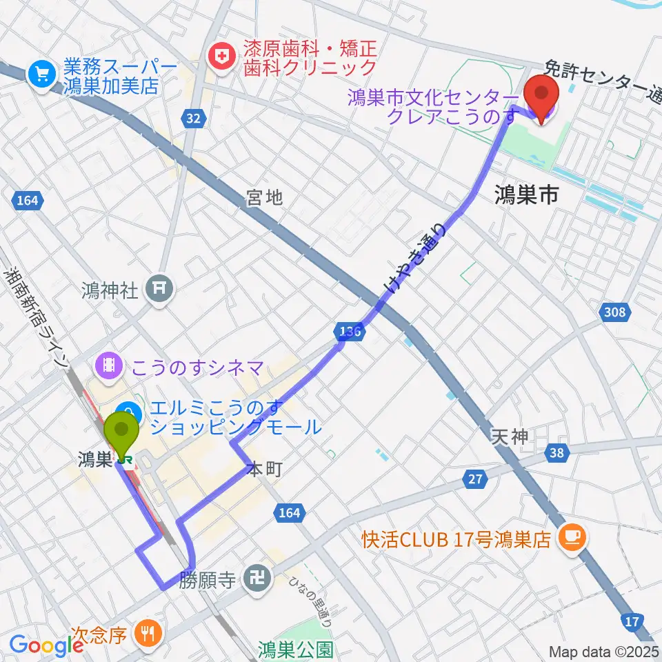 鴻巣市文化センター クレアこうのすの最寄駅鴻巣駅からの徒歩ルート（約25分）地図