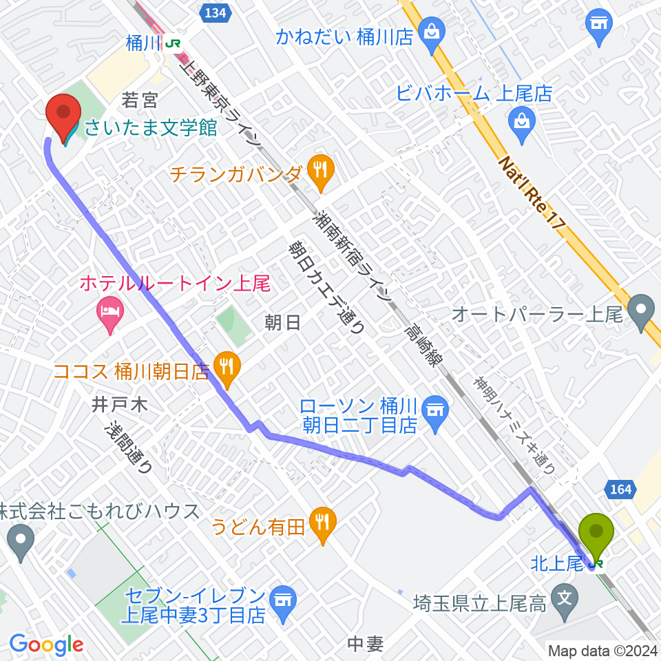 北上尾駅から響の森 桶川市民ホールへのルートマップ地図