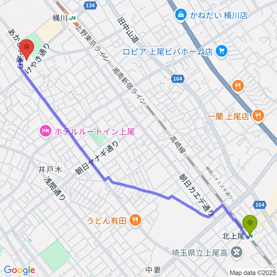 北上尾駅から響の森 桶川市民ホールへのルートマップ地図