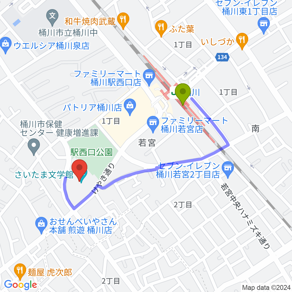 響の森 桶川市民ホールの最寄駅桶川駅からの徒歩ルート（約7分）地図