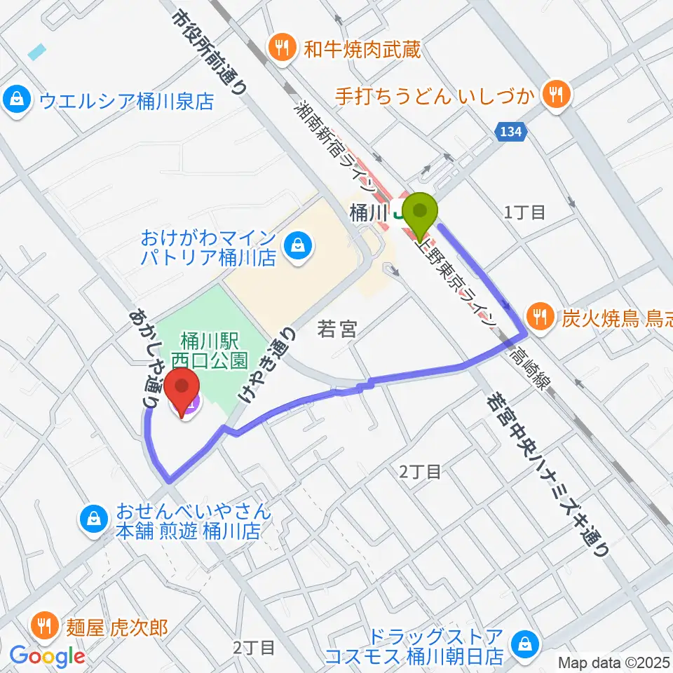響の森 桶川市民ホールの最寄駅桶川駅からの徒歩ルート（約7分）地図