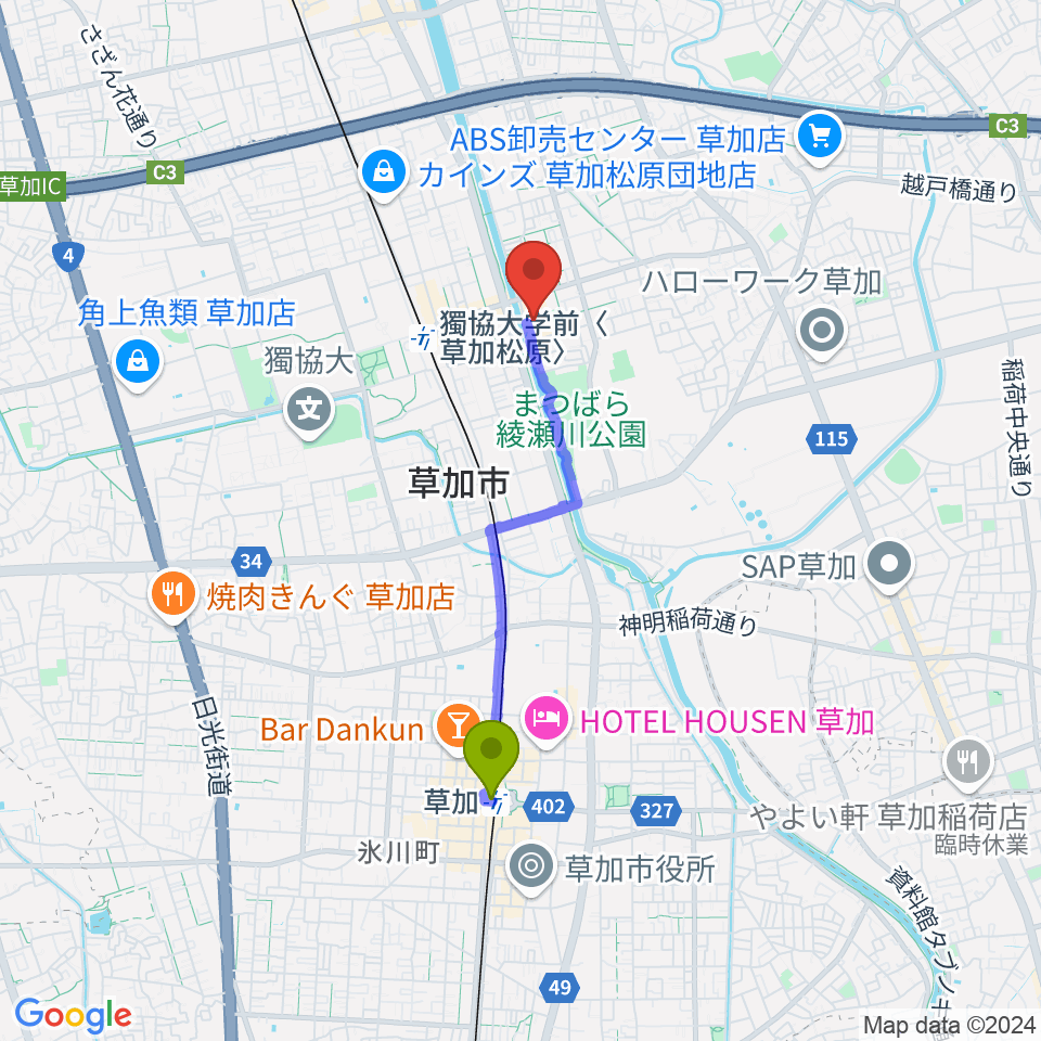 草加駅から草加市文化会館へのルートマップ地図