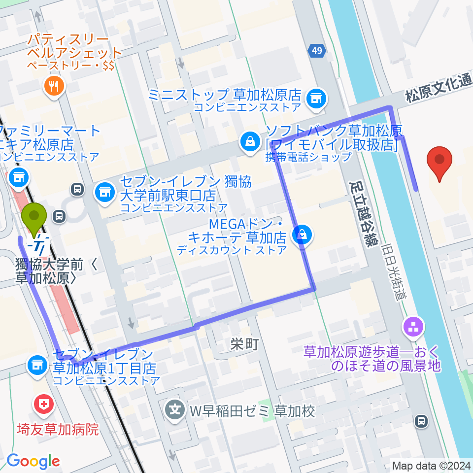 草加市文化会館の最寄駅獨協大学前〈草加松原〉駅からの徒歩ルート（約7分）地図