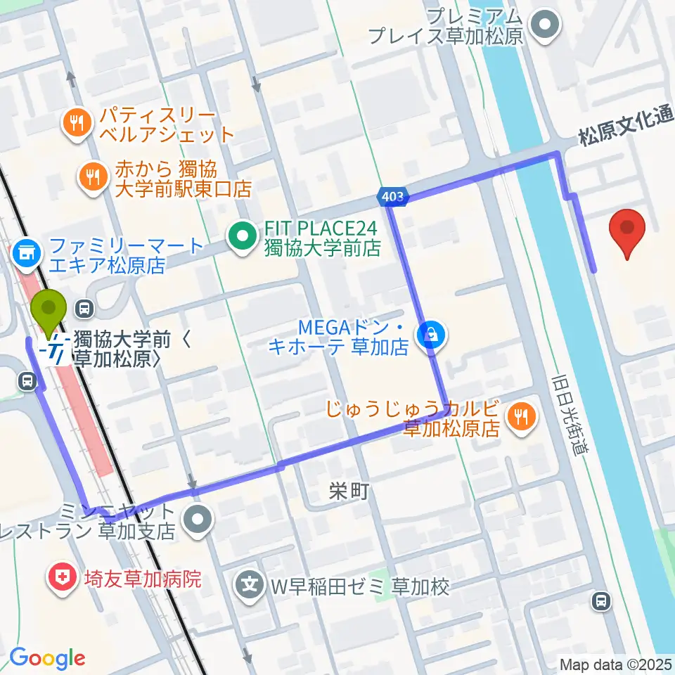 草加市文化会館の最寄駅獨協大学前〈草加松原〉駅からの徒歩ルート（約7分）地図