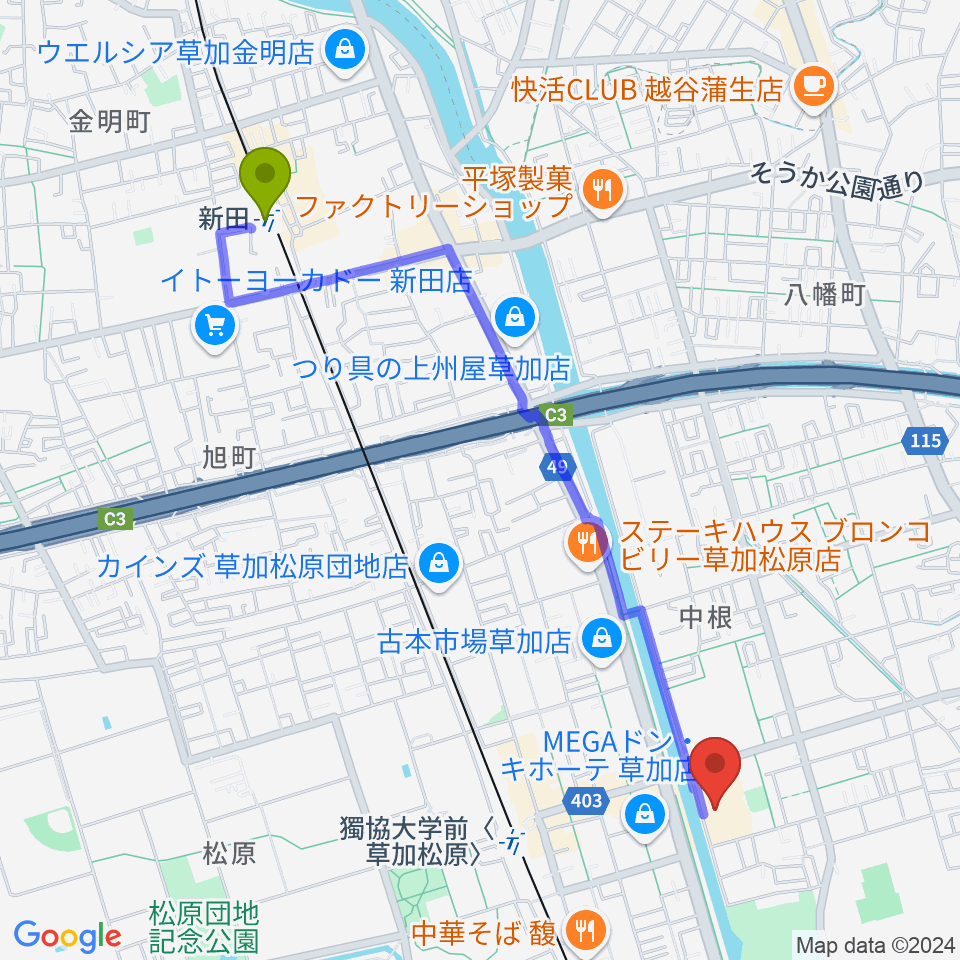 新田駅から草加市文化会館へのルートマップ地図