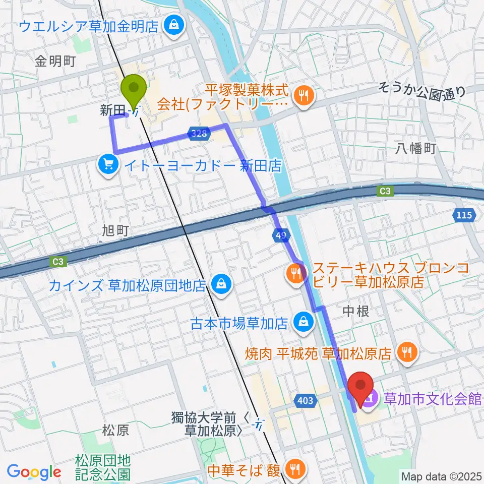 新田駅から草加市文化会館へのルートマップ地図