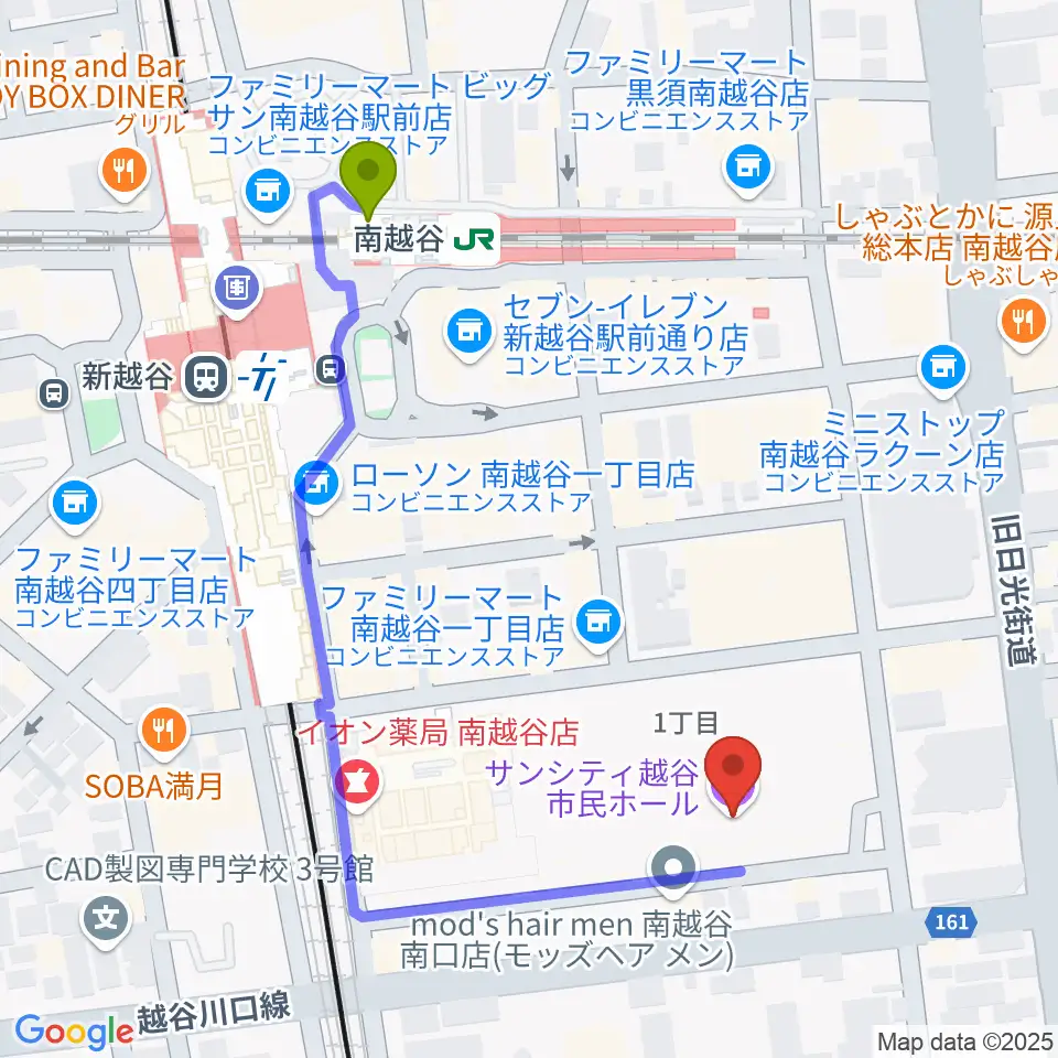 越谷サンシティホールの最寄駅南越谷駅からの徒歩ルート（約5分）地図