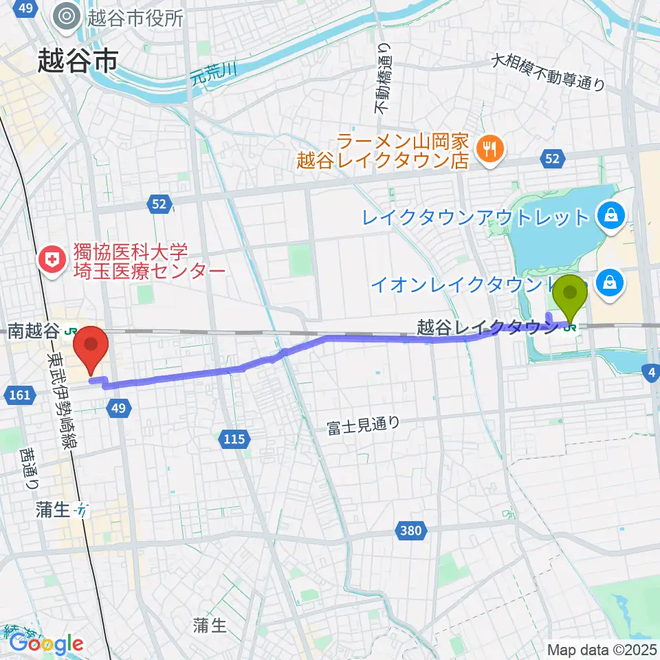 越谷レイクタウン駅から越谷サンシティホールへのルートマップ地図