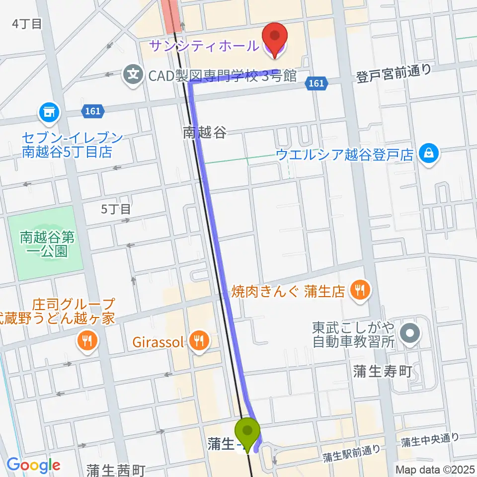 蒲生駅から越谷サンシティホールへのルートマップ地図