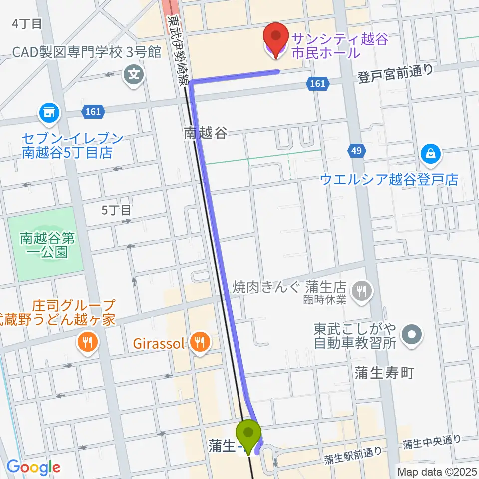 蒲生駅から越谷サンシティホールへのルートマップ地図