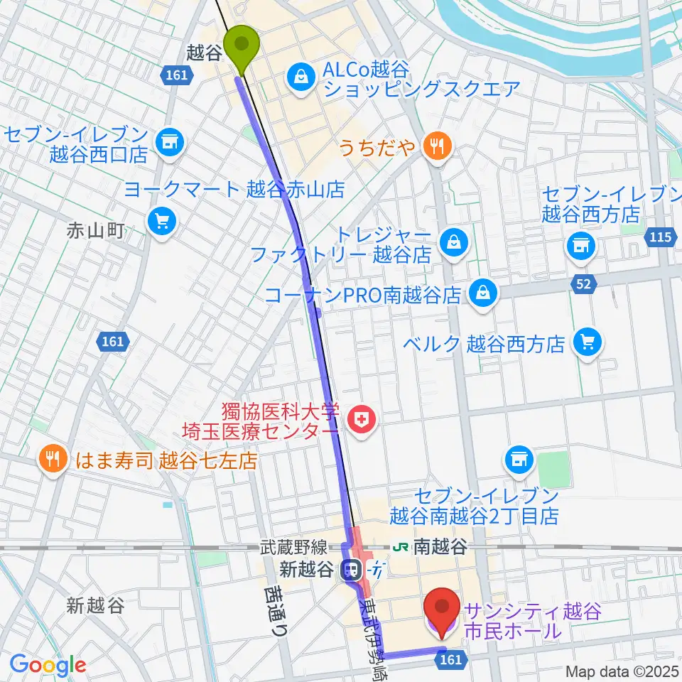 越谷駅から越谷サンシティホールへのルートマップ地図