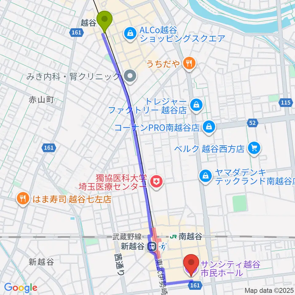 越谷駅から越谷サンシティホールへのルートマップ地図