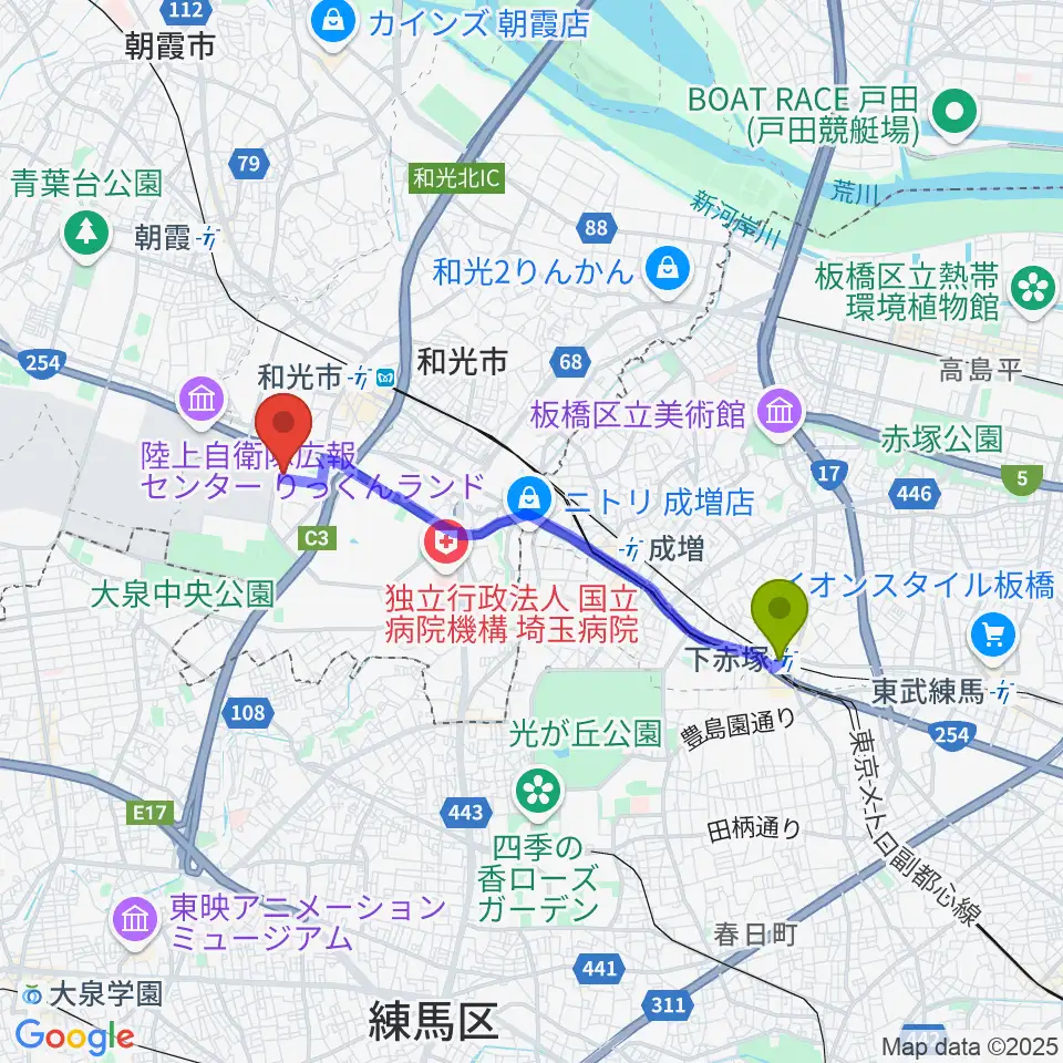 下赤塚駅から和光市民文化センター サンアゼリアへのルートマップ地図