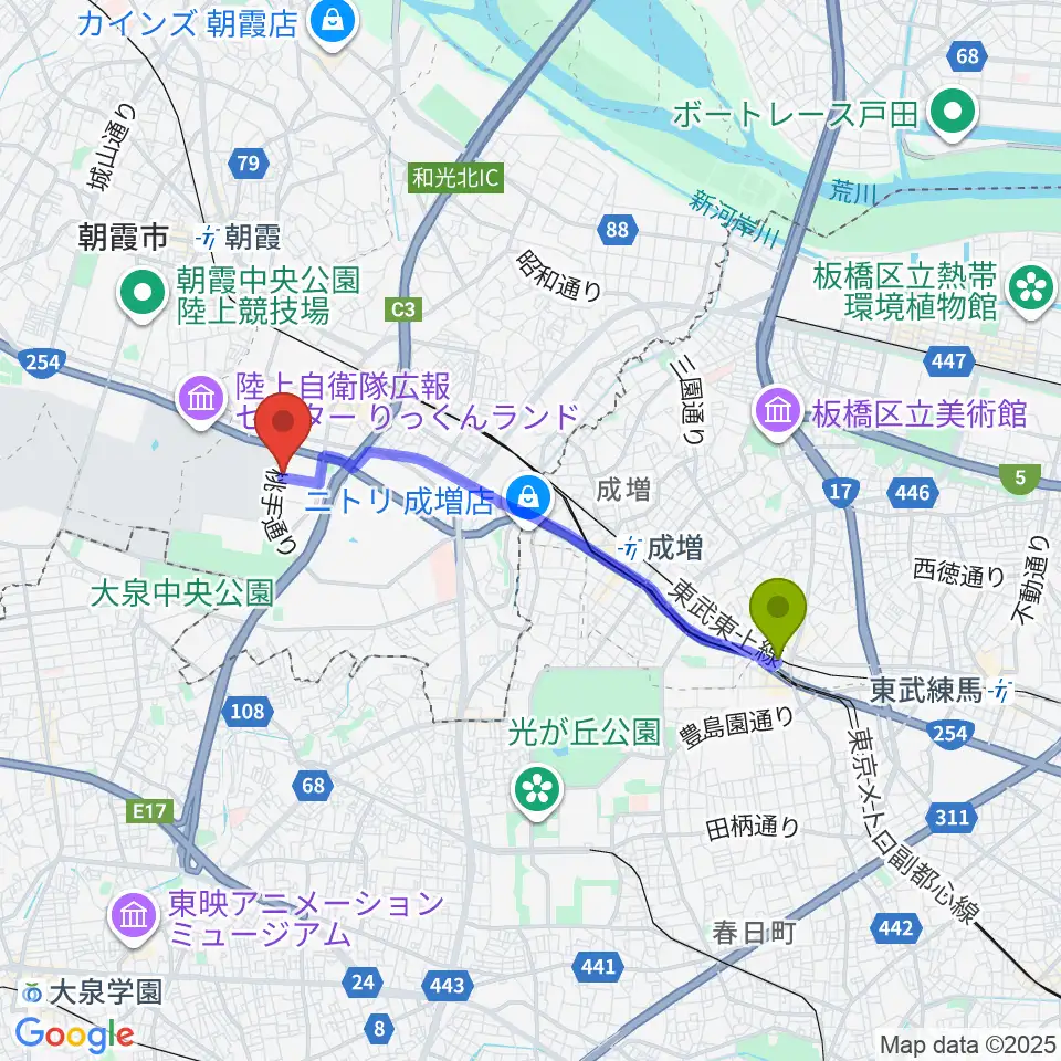 下赤塚駅から和光市民文化センター サンアゼリアへのルートマップ地図