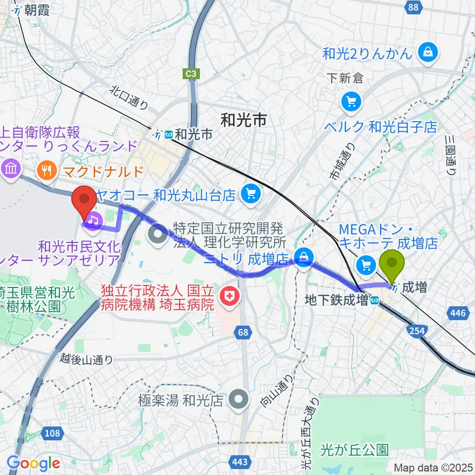 成増駅から和光市民文化センター サンアゼリアへのルートマップ地図