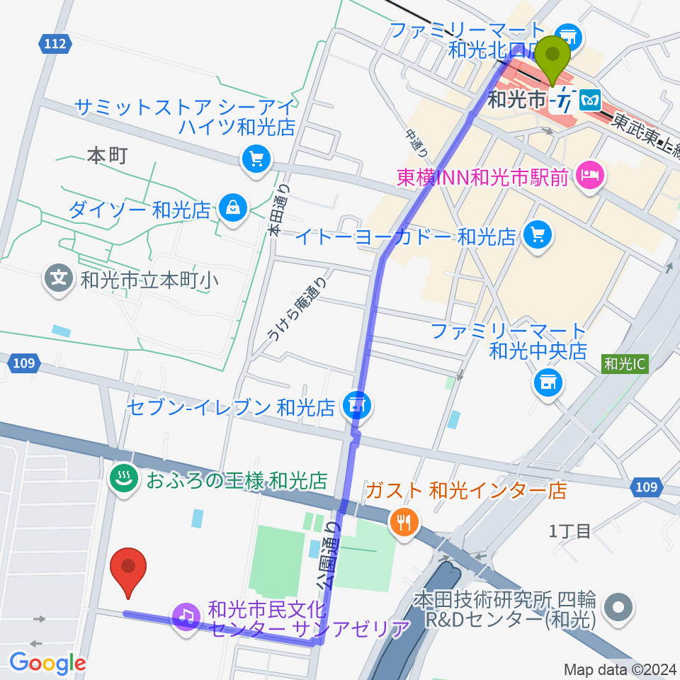 和光市民文化センター サンアゼリアの最寄駅和光市駅からの徒歩ルート（約15分）地図