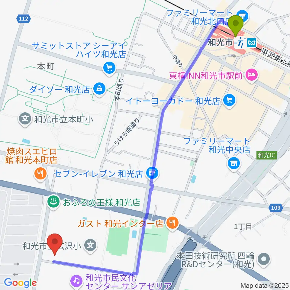 和光市民文化センター サンアゼリアの最寄駅和光市駅からの徒歩ルート（約15分）地図