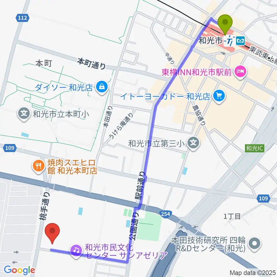 和光市民文化センター サンアゼリアの最寄駅和光市駅からの徒歩ルート（約15分）地図