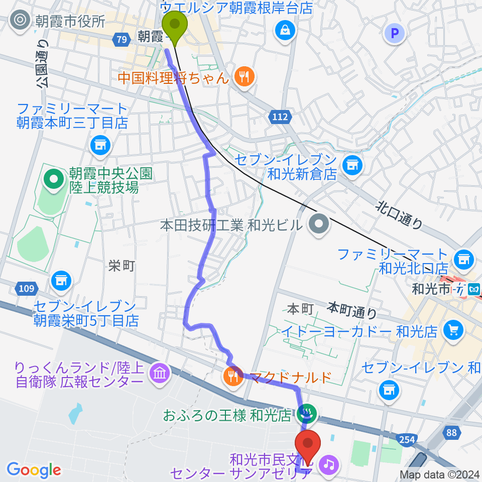 朝霞駅から和光市民文化センター サンアゼリアへのルートマップ地図