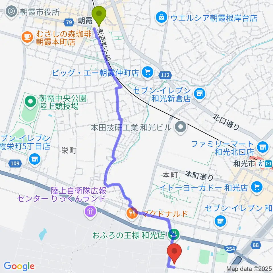 朝霞駅から和光市民文化センター サンアゼリアへのルートマップ地図