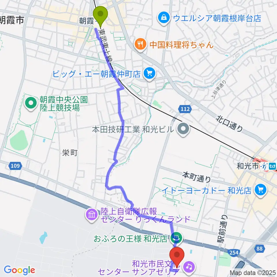 朝霞駅から和光市民文化センター サンアゼリアへのルートマップ地図
