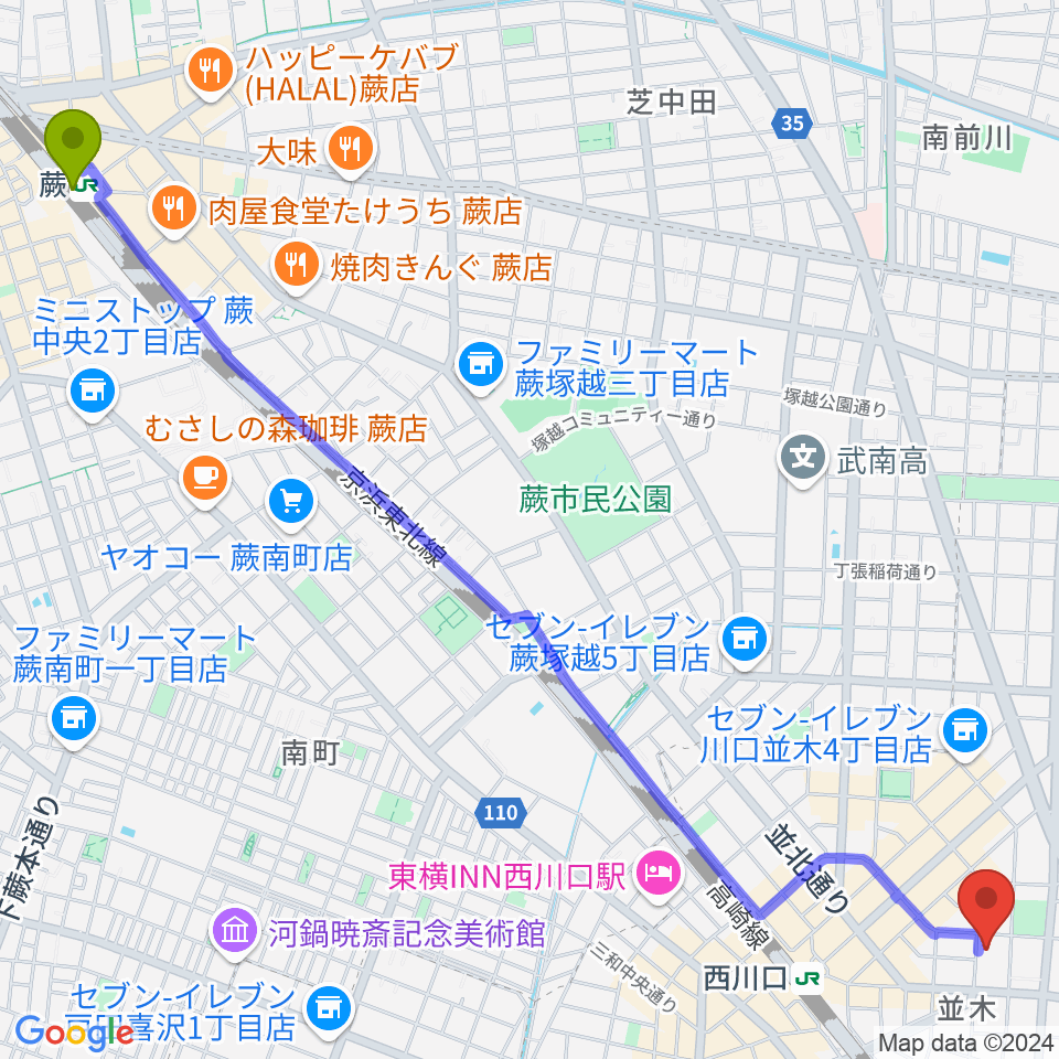 蕨駅から西川口Heartsへのルートマップ地図