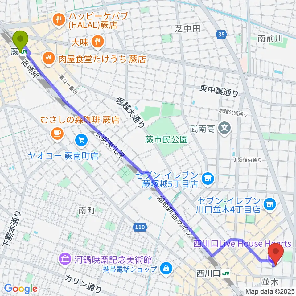 蕨駅から西川口Heartsへのルートマップ地図