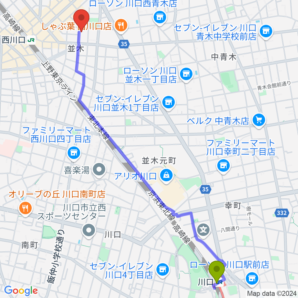 川口駅から西川口Heartsへのルートマップ地図