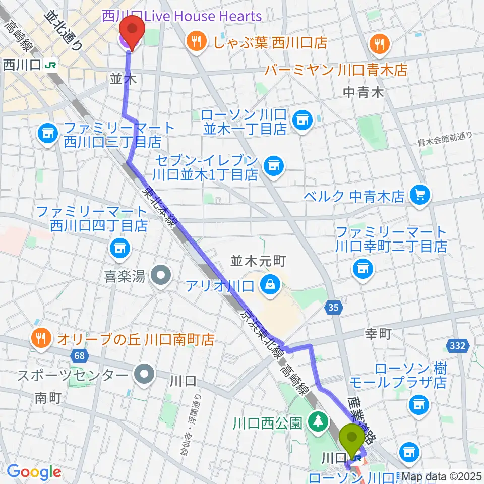 川口駅から西川口Heartsへのルートマップ地図