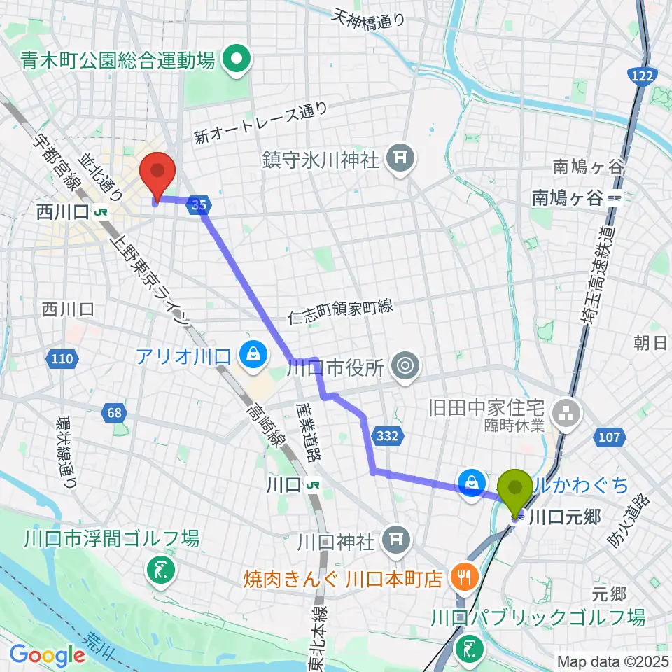 川口元郷駅から西川口Heartsへのルートマップ地図
