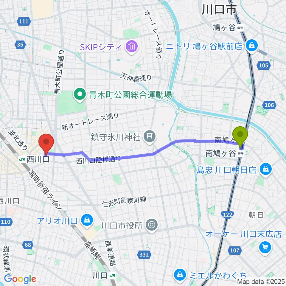 南鳩ヶ谷駅から西川口Heartsへのルートマップ地図