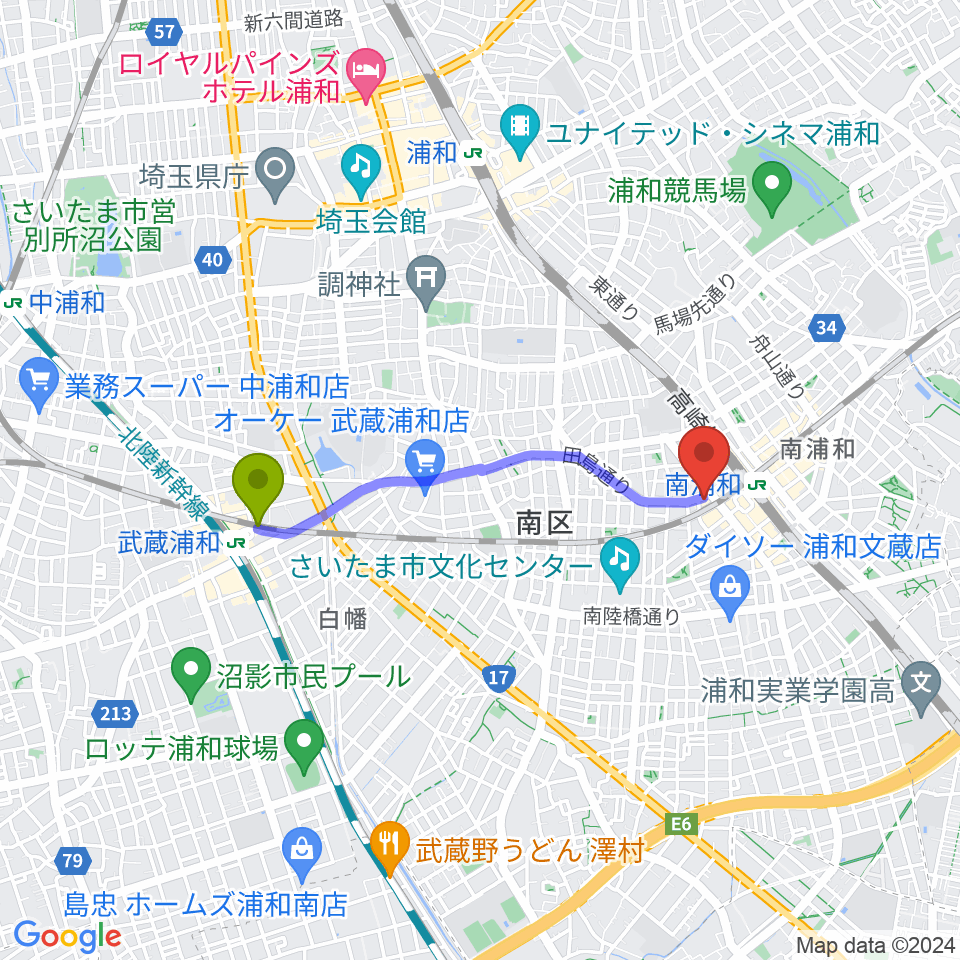 武蔵浦和駅から宮内家へのルートマップ地図