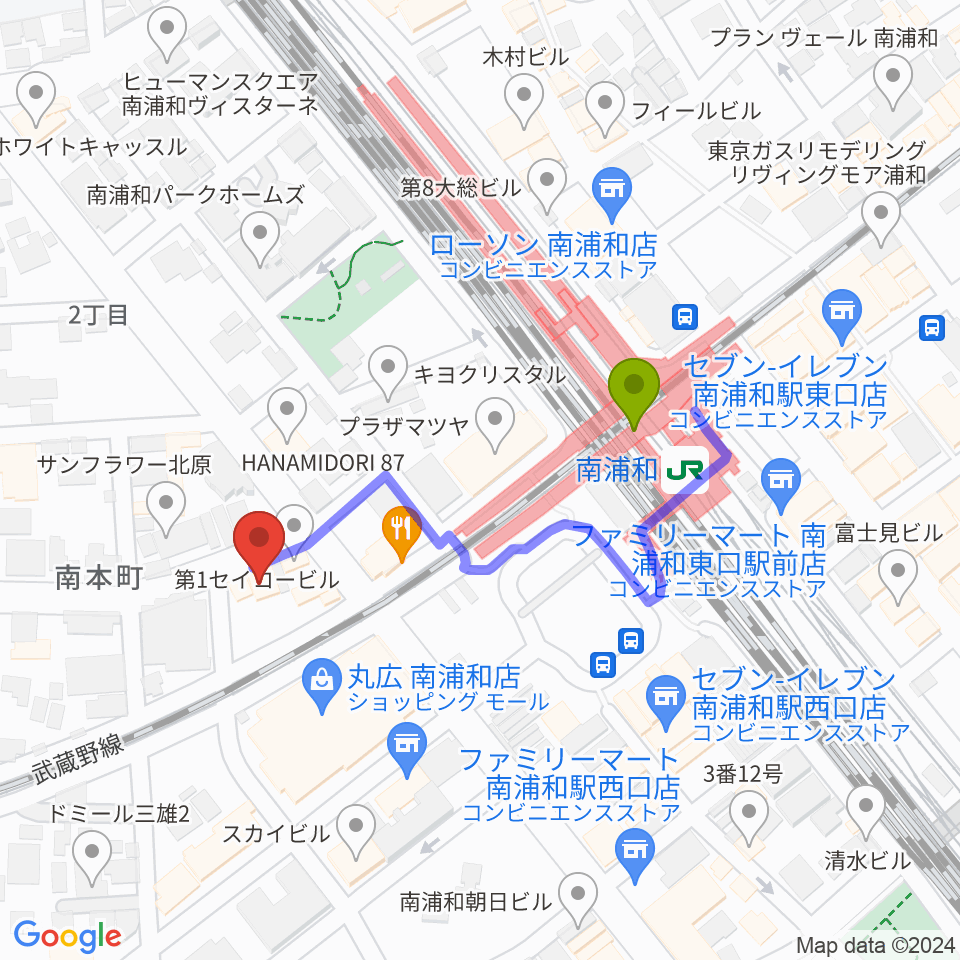 宮内家の最寄駅南浦和駅からの徒歩ルート（約3分）地図