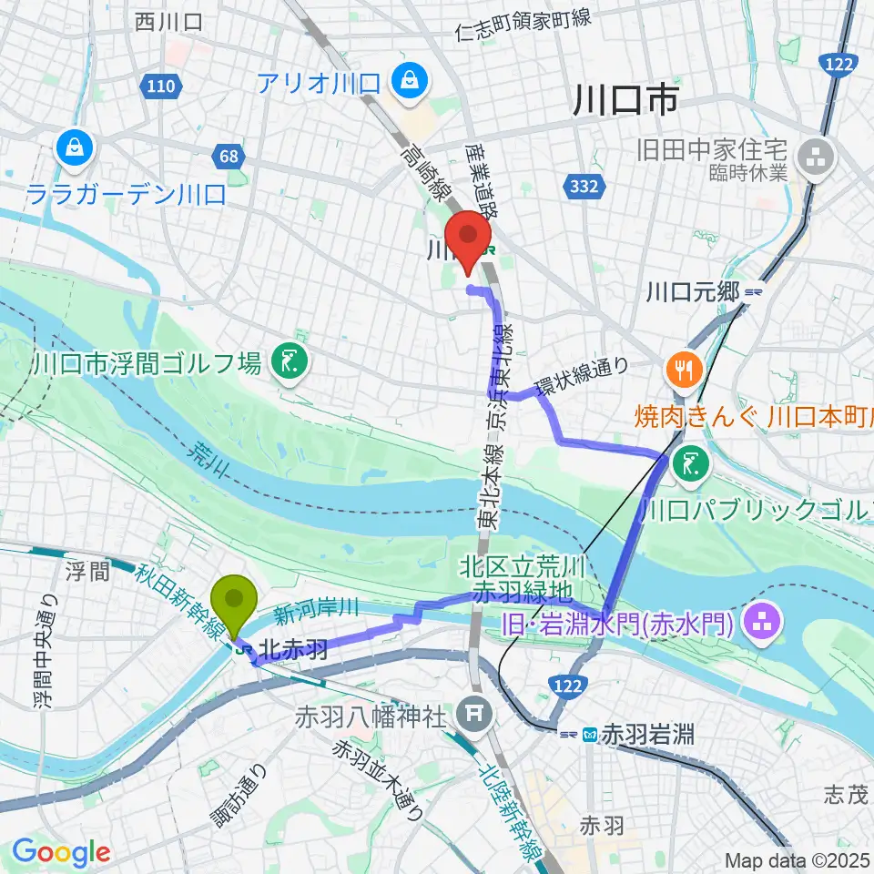 北赤羽駅から川口総合文化センター・リリアへのルートマップ地図