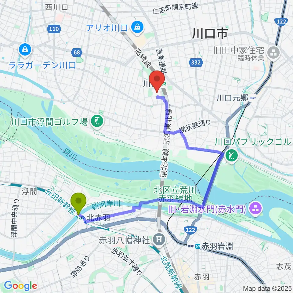 北赤羽駅から川口総合文化センター・リリアへのルートマップ地図